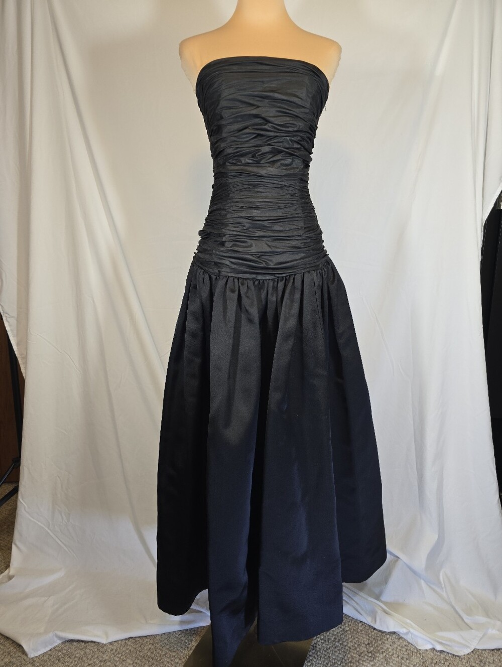 Classic Vintage Black Satin Gown with Ruched Waist